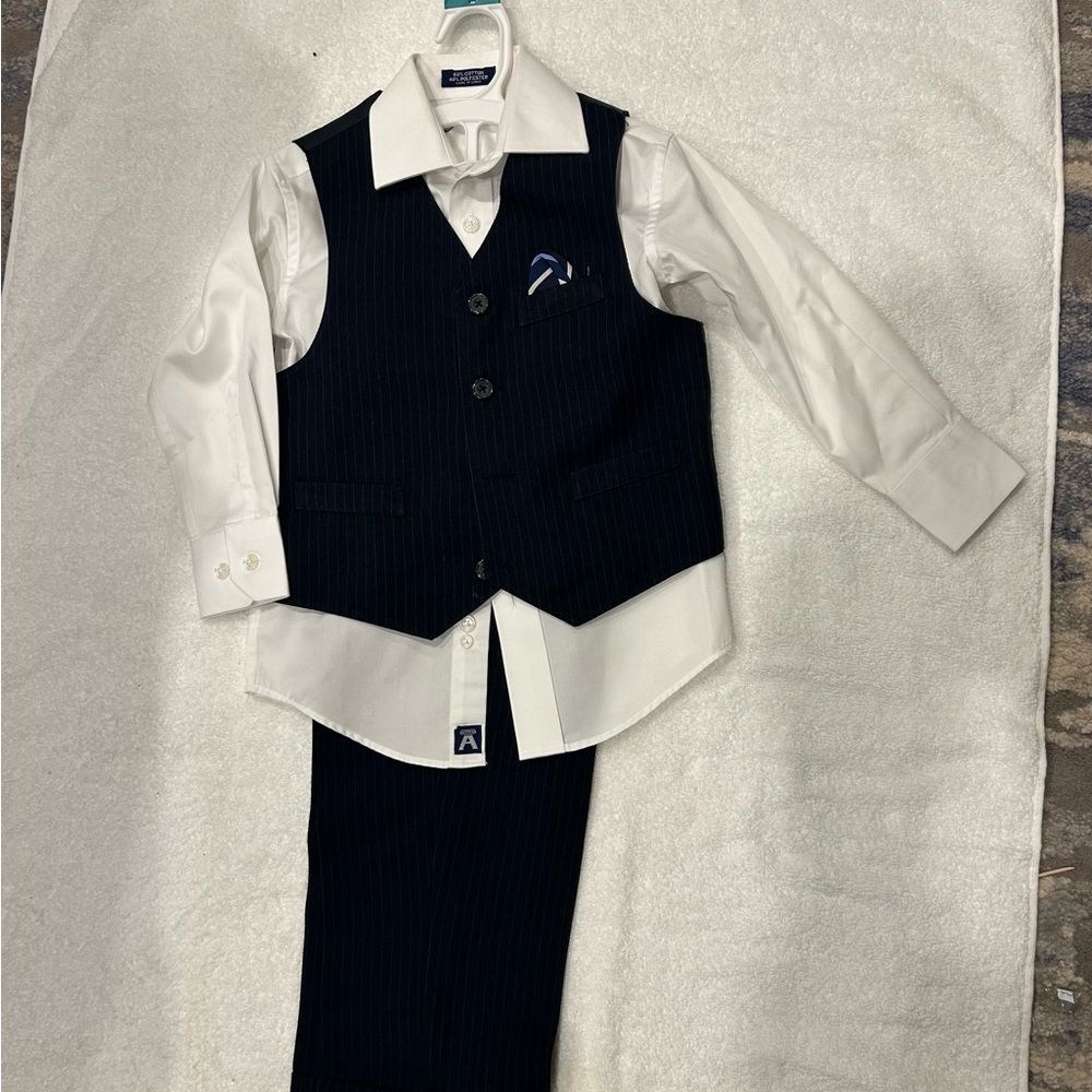 Size 4 boys three piece set. Dark blue pinstripes. Button up, vest and pants.
